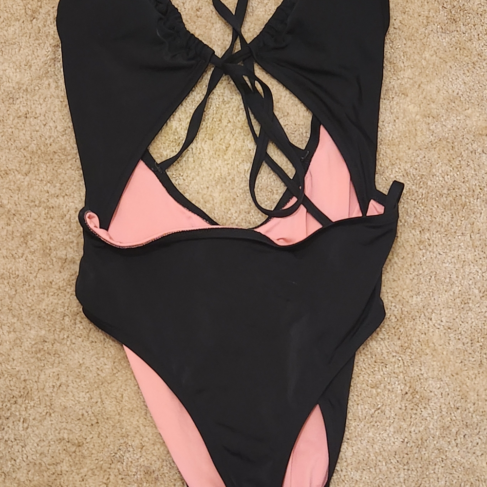 PINK Victoria Secret Black and Pink Cutout Swimsuit Large